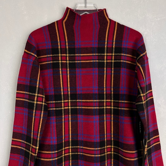 Tahari size L high neck long sleeve knit sweater red yellow black blue plaid NWT - Picture 3 of 9